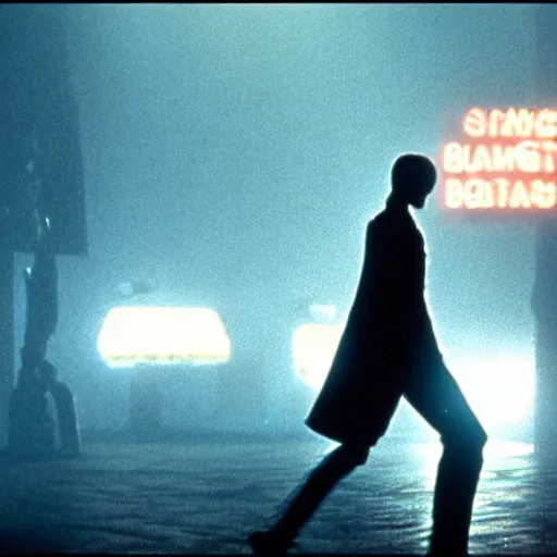 Prompt: a glowing skeleton walking. still from blade runner.