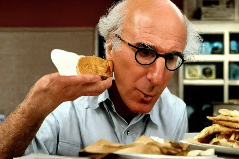 Image similar to larry david eating a sandwich, horror film still, dark atmosphere, found footage, nightmare, unsettling, cinematic