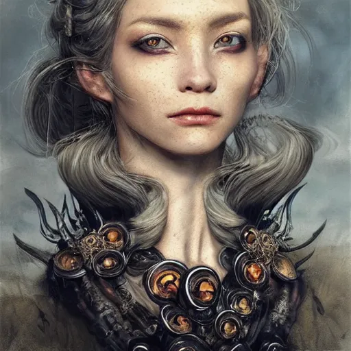 Image similar to portrait, headshot, insanely nice professional hair style, dramatic hair color, digital painting, of a old 17th century, old cyborg merchant, amber jewels, baroque, ornate clothing, scifi, realistic, hyperdetailed, chiaroscuro, concept art, art by Franz Hals and Jon Foster and Ayami Kojima and Amano and Karol Bak,