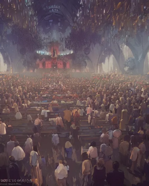 Prompt: ghibli and craig mullins digital matte art of a crowd in a futuristic church, priest, pews, ethereal, inviting, bright, unreal engine, hyper realism, realistic shading, cinematic composition, realistic render, octane render, detailed textures, photorealistic, wide shot