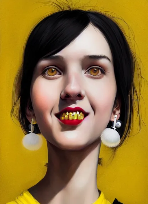 Image similar to portrait of high school girl, realistic, black hair, bangs, half updo hairstyle, pointy nose, skinny, smile, ugly, defined jawline, big chin, yellow hair bow, earrings, intricate, elegant, glowing lights, highly detailed, digital painting, artstation, sharp focus, illustration, art by wlop, mars ravelo and greg rutkowski