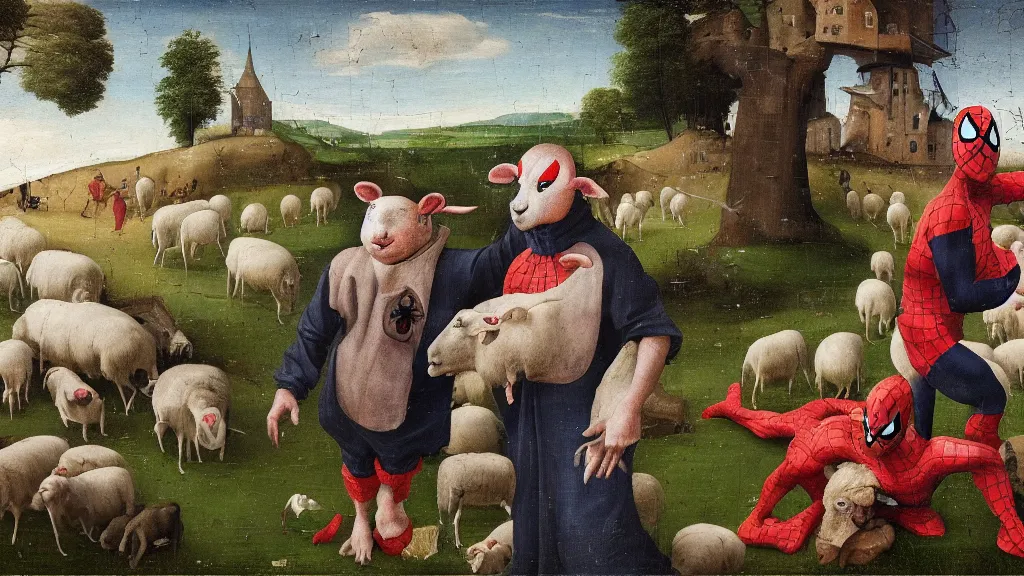 Prompt: A butcher and sheep wearing a spiderman costume taking a selfie smiling, in the fashion of Hieronymus Bosch, oil on canvas, painting, 4k, wide shot