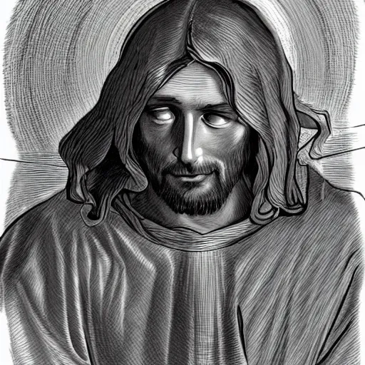 Image similar to concept art of depressed jesus from gods perspective