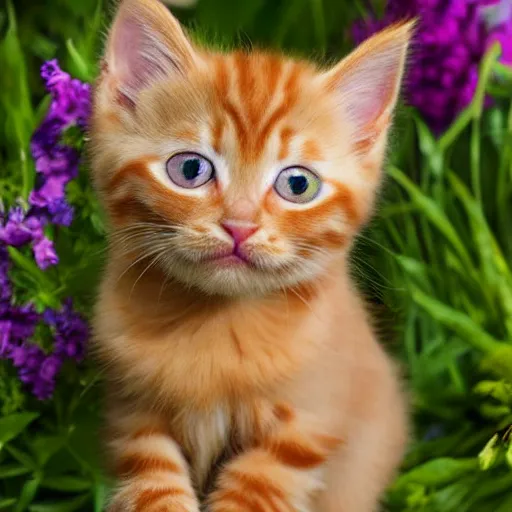 Prompt: cute ginger kitten, big green eyes, flowers,
