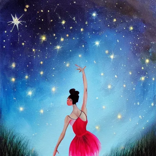 Image similar to Ballerina in a dress looking at a starry sky, galaxy, beautiful, painting, highly detailed, soft light