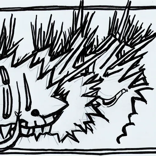 Image similar to very simple ballpoint pen line drawing of a furnace with spiky toothed demons around it, pen on paper simple drawing by a child, no shading