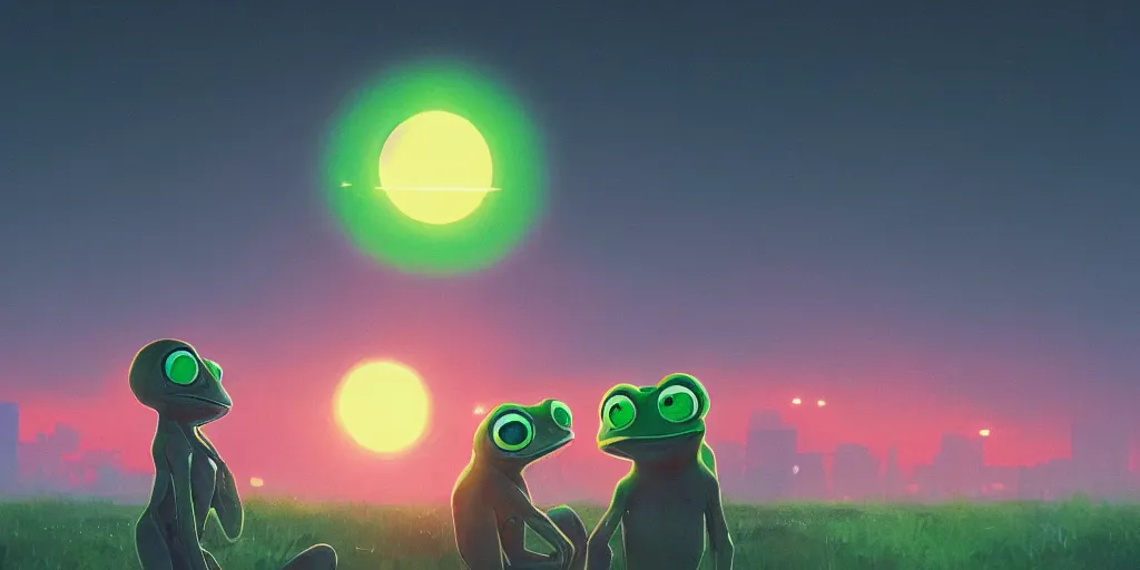 Image similar to Portrait using the Rule of Thirds,alien frogs, focusing on an alien frog invasion, the sun is exploding, Portrait, Very Cloudy Sky, Sun, Neon Lights, Rule of Thirds, perspective, Retrofuturism, Studio Ghibli, Simon Stålenhag