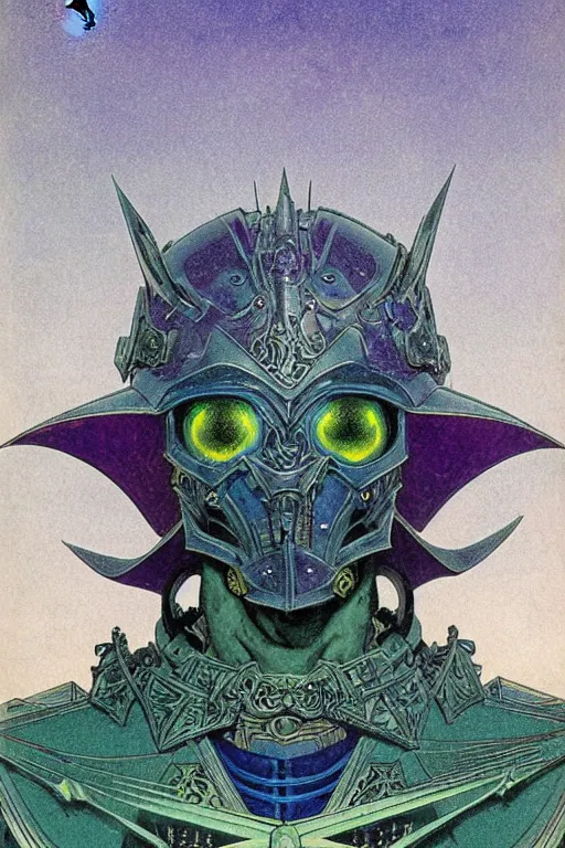Prompt: composition of gothic and futuristic, warhammer, cyber japan samurai armor, more and more scars, storm, green head, blue and purple, the middle ages, highly detailed, artstation, in the style of moebius, jugendstil and classic japanese print, art by jean delville and rene magritte