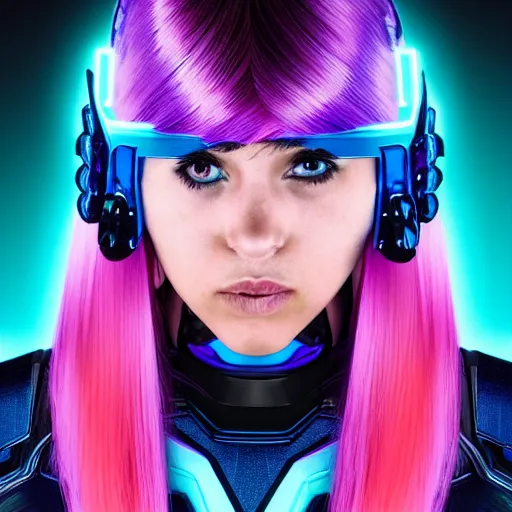 Prompt: a stunning upper body portrait of a beautiful young woman wearing futuristic navy blue and teal battle bodyarmor with pauldrons and inset glowing fine neon lines and ombre purple and pink hairstyle with hair blowing in the wind, by marvel comics, highly detailed, fine detail, intricate, digital art, trending on artstation