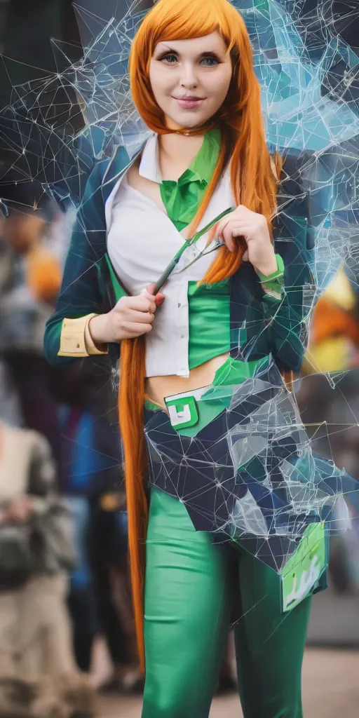 Prompt: Young woman wearing a cosplay of Microsoft Excel, 80mm photo