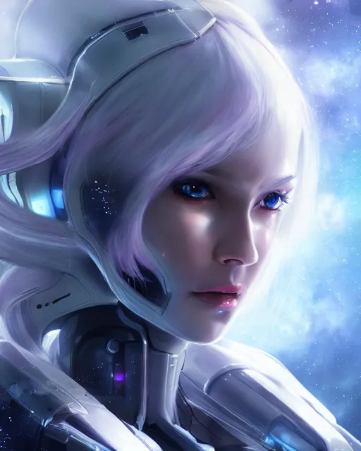 Image similar to perfect android girl on a mothership, warframe armor, beautiful face, scifi, futuristic, galaxy, nebula, raytracing, dreamy, long white hair, blue cyborg eyes, sharp focus, cinematic lighting, highly detailed, artstation, divine, by gauthier leblanc, kazuya takahashi, huifeng huang