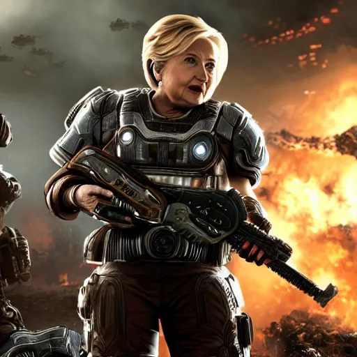 Image similar to hillary clinton in gears of war, splash art, movie still, cinematic lighting, dramatic, octane render, long lens, shallow depth of field, bokeh, anamorphic lens flare, 8 k, hyper detailed, 3 5 mm film grain