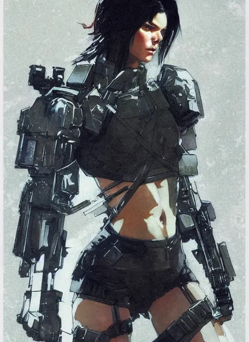 Prompt: kendall Jenner wearing metal gear armor holding gun dramatic lighting art by Richard Schmid by Hokusai by Yoji Shinkawa by greg rutkowski by Sandra Chevrier cinematic dramatic