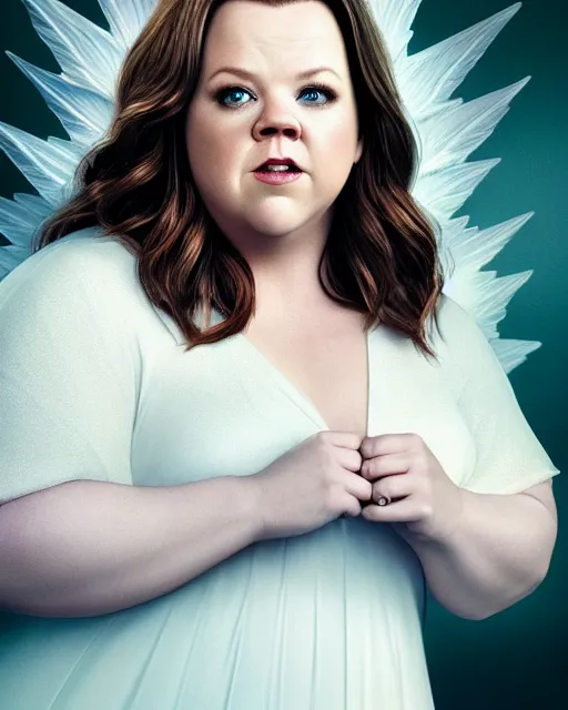 Prompt: Full potrait of Melissa McCarthy as an angel, hyper realistic, prismatic highlights, atmosphere, gorgeous, depth of field, cinematic, macro, concept art, 50mm, artstation, wlop, elegant, epic, weta digital, focus, octane render, v-ray, 8k, kodak portra, art by Liberatore