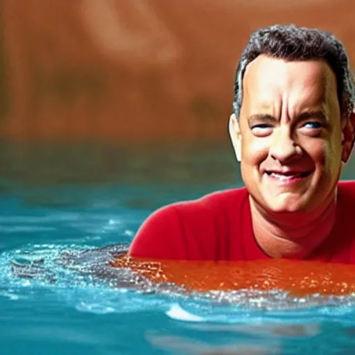 Image similar to tom hanks swimming in a bowl of tomato soup