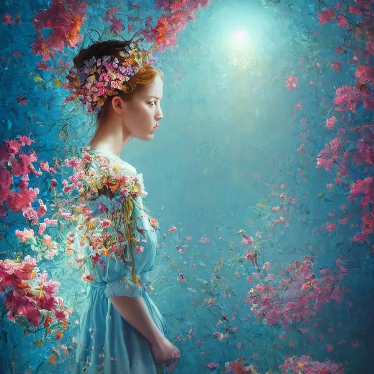 Image similar to a beautiful oil painting hyperrealism of a beautiful young woman, flowers, floral headdress, 8 k resolution, octane render, trending on artstation, by gediminas pranckevicius, volumetric light 2 blue fractal thunder glow by dan mumford, anaglyph effect, laurie lipton