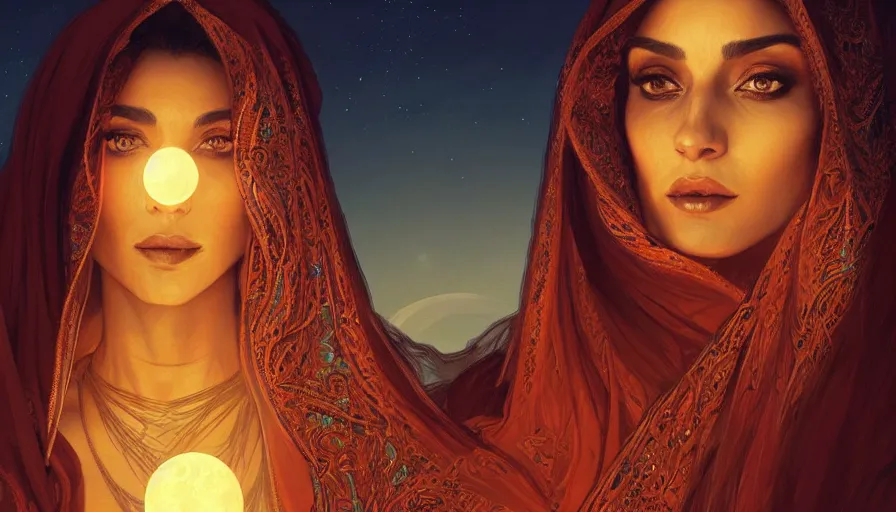 Image similar to Portrait of very beautiful Arab woman wearing a Chador, under giant full moon in the desert, intricate, glowing magical eyes, energy trails, elegant, highly detailed, digital painting, artstation, concept art, smooth, sharp focus, illustration, art by artgerm and greg rutkowski and alphonse mucha