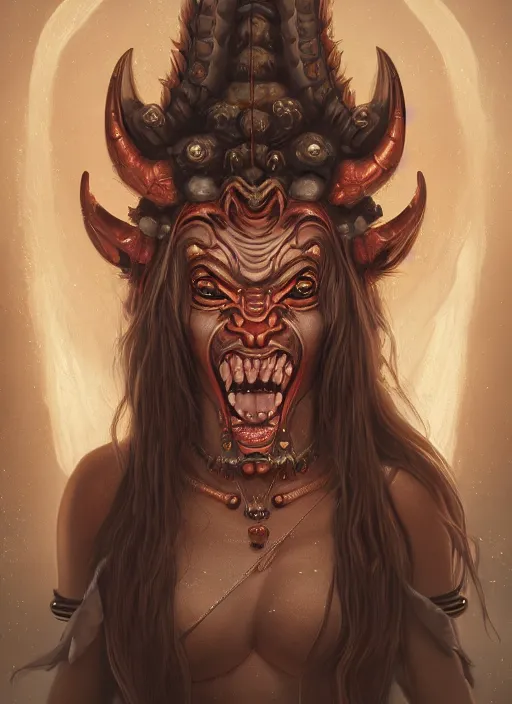 Image similar to a beautiful detailed oil on copper art illustration of a oni hannya mask shogun bear devil woman, centered, by charlie bowater, zeng fanzh, trending on artstation, dim dusk lighting, cinematic lighting, detailed lighting, volumetric lighting, realistic, f 8, 4 k hd wallpaper