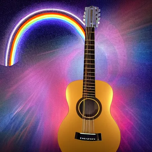 Prompt: Guitar strings reverberating rainbows out into space, retro futuristic, detailed