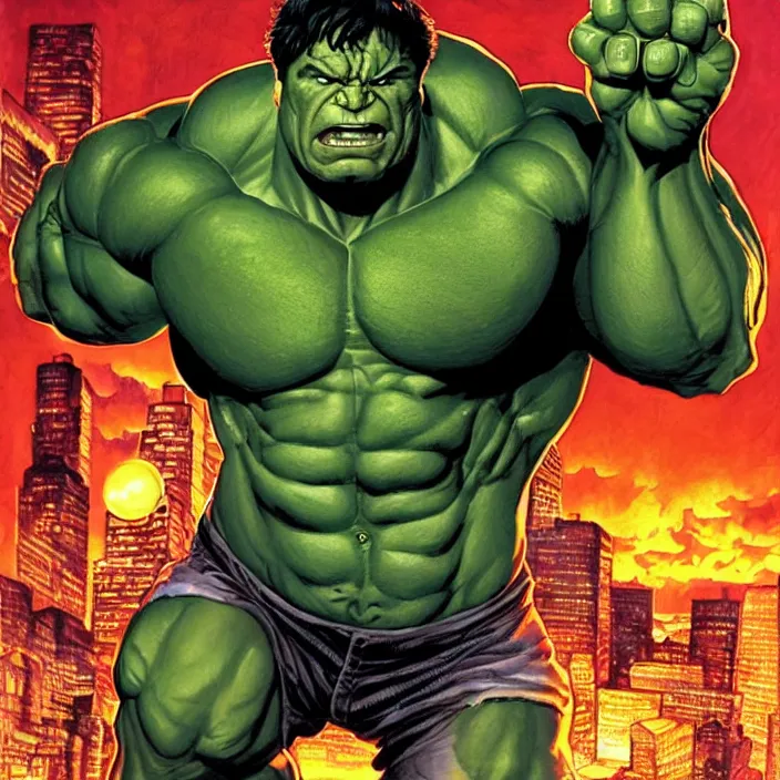 Prompt: a portrait of the incredible hulk looking angry in new york city by joe jusko, simone bianchi and alex ross dramatic lighting.