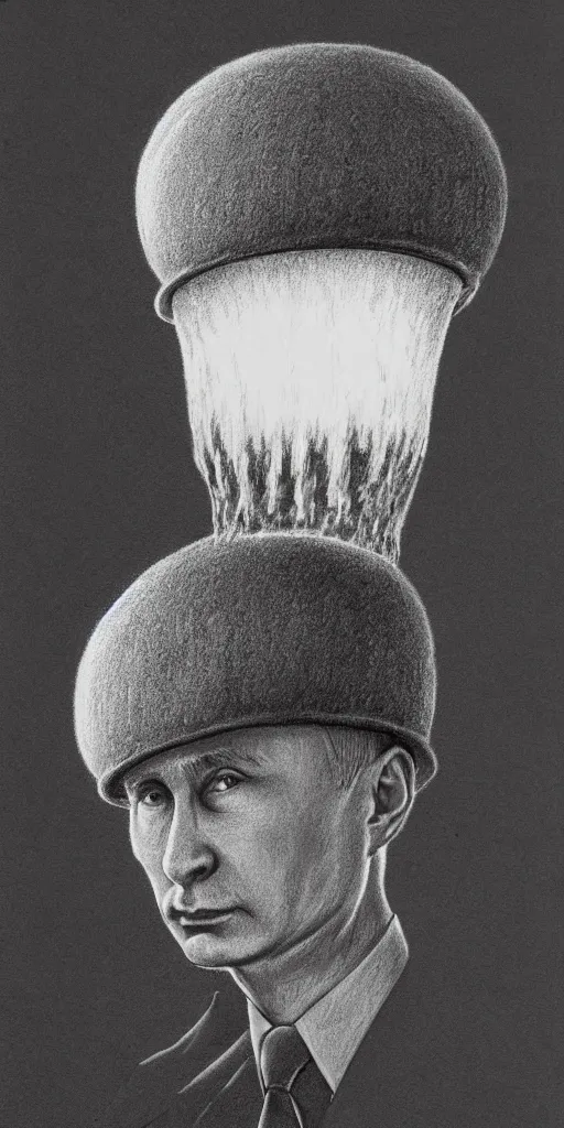 Prompt: vladimir putin wearing a nuclear mushroom cloud for a hat, cartoonish, ultra detailed pencil drawing