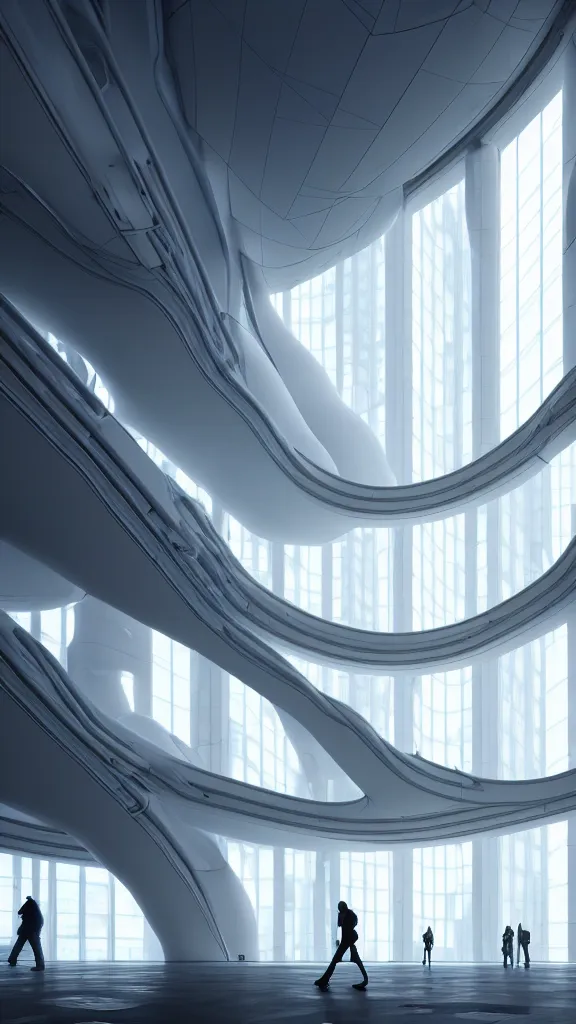 Image similar to the inside of a very tall building, big pods, big windows, octane render, warm colour scheme, white, cyberpunk architecture by zaha hadid, cinematic, scenery, unreal engine, render, cgsociety, modernism, futuristic, artstation, sci - fi, high detail, high quality, close up angle, people walking