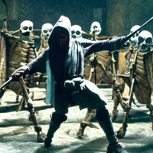 Image similar to a medieval man, with a light blue hood, kicking skeletons with swords, 1 9 9 1, movie still