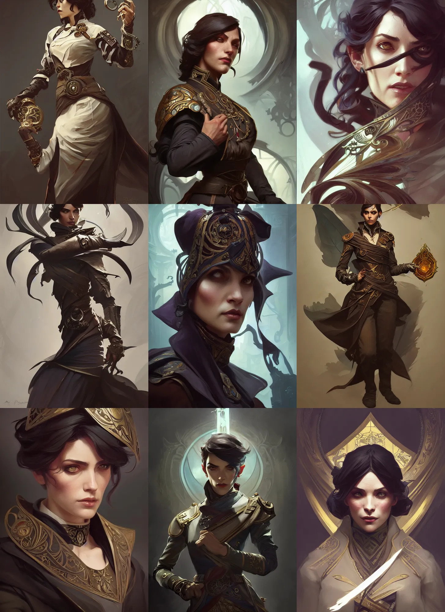 Prompt: characters from dishonored combined with encanto, fantasy, intricate, elegant, highly detailed, digital painting, artstation, concept art, matte, sharp focus, illustration, hearthstone, art by artgerm and greg rutkowski and alphonse mucha