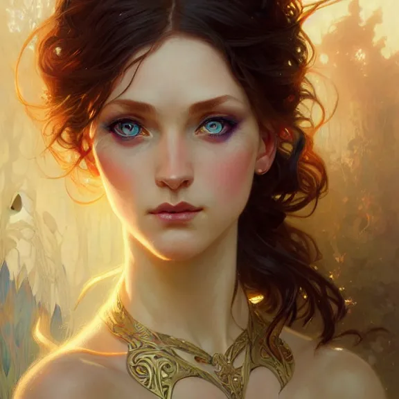 Image similar to Portrait of fairy woman, D&D, blue eyes, face, fantasy, intricate, elegant, highly detailed, digital painting, artstation, concept art, smooth, sharp focus, illustration, art by artgerm and greg rutkowski and alphonse mucha