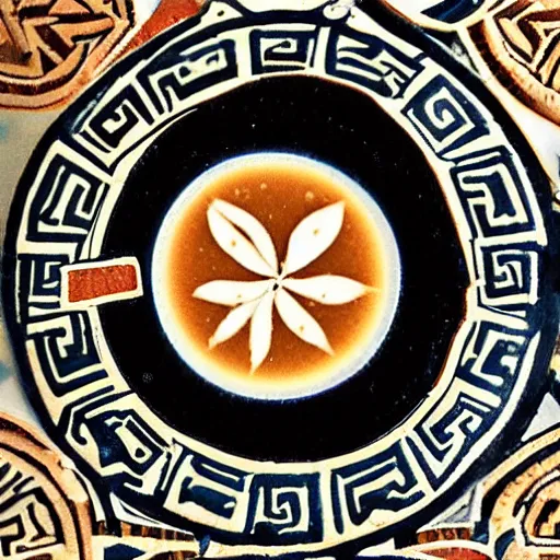 Image similar to a modern cup of steaming hot coffee. seen from the side. in the style of an old greek mosaic. intricate design.