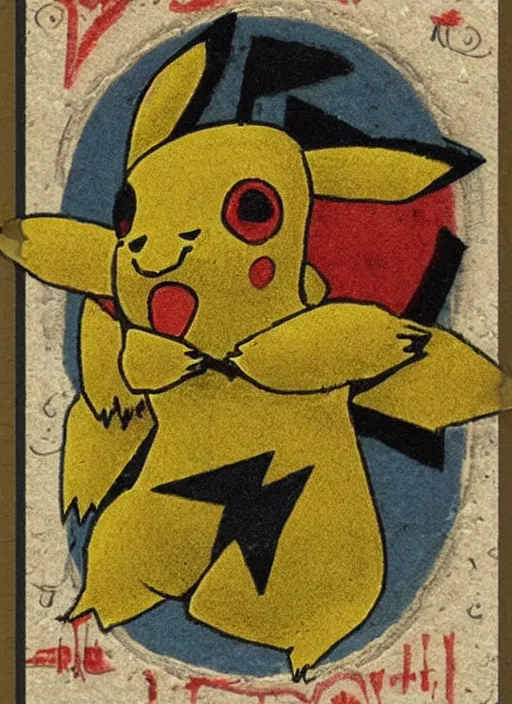 Image similar to creepy pikachu Pokémon card from the 1700s