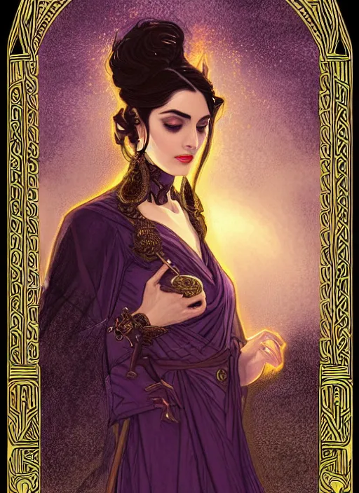 Image similar to centered portrait, Maya Ali as a D&D sorcerer, black hair, intricate robes, Art Nouveau, beautiful retro Fantasy heroine 1985, intricate, elegant, highly detailed, centered, digital painting, trending on artstation, concept art, smooth, sharp focus, illustration, art by raphael lacoste, eddie mendoza, Mucha, alex ross, WLOP