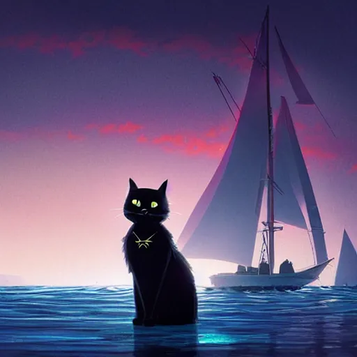 Image similar to a wholesome animation key shot of a black cat! on a boat! close to the shore in the night, medium shot, studio ghibli, pixar and disney animation, sharp, rendered in unreal engine 5, anime key art by greg rutkowski, bloom, dramatic lighting