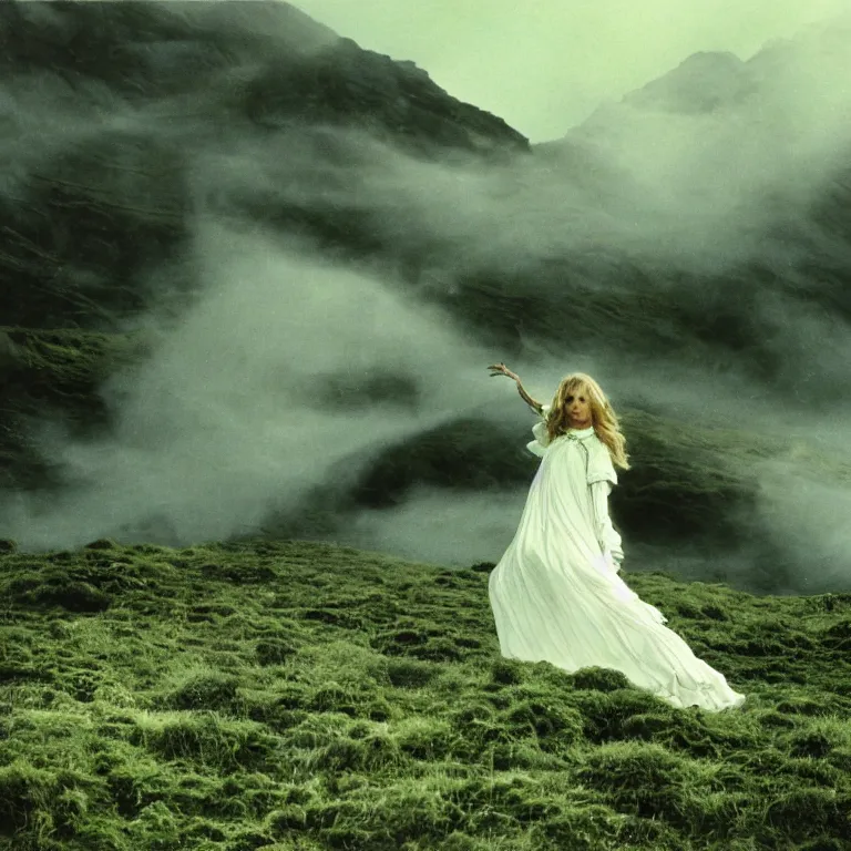 Image similar to moody 1 9 7 0's artistic technicolor spaghetti western film, a large huge group of women in a giant billowing wide long flowing waving shining bright white dresses made of white smoke, standing inside a green mossy irish rocky scenic landscape, volumetric lighting, backlit, moody, atmospheric, fog, extremely windy, soft focus