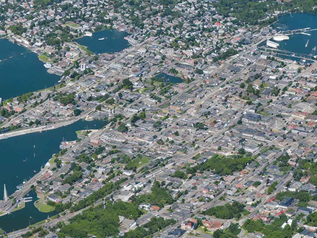 Prompt: bird's eye view photo of a small city with shops, shipping dock harbor, and beach to the south. a bridge crosses a big lake, with a town hall, marketplace, and towers to the north. there is a field in the middle of the city. small hills and woods north of the city