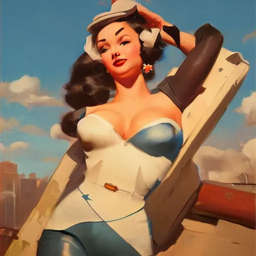 Prompt: greg manchess portrait painting of 1 9 5 0's pinup as overwatch's characters, medium shot, asymmetrical, profile picture, organic painting, sunny day, matte painting, bold shapes, hard edges, street art, trending on artstation, by huang guangjian and gil elvgren and sachin teng