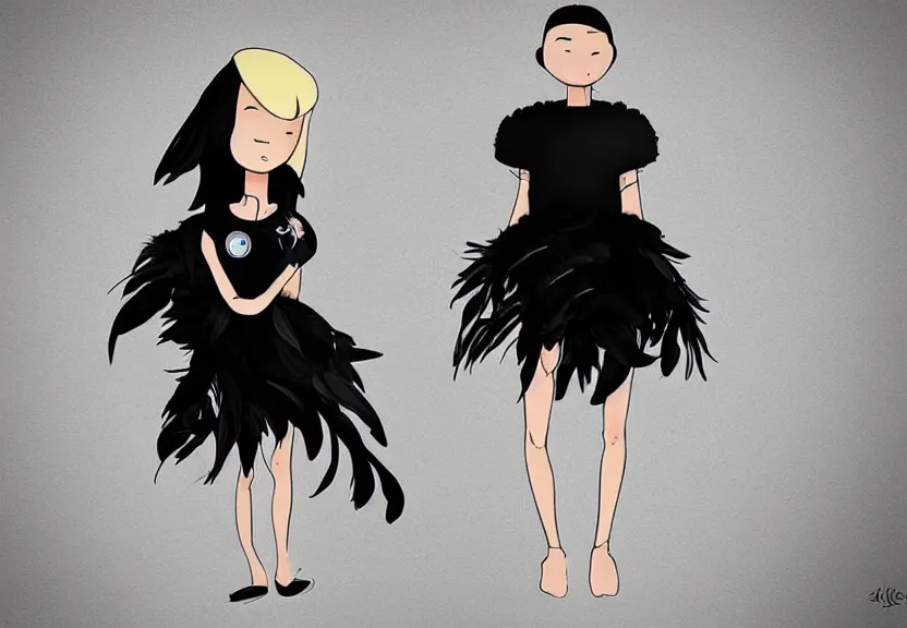 Image similar to beautiful little girl with a short black haircut wearing a dress made of black feathers, artwork in steven universe art style, anatomically perfect