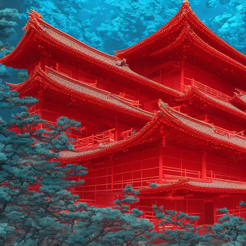 Image similar to A red ancient Japanese architectural building under the sea, 8k, very high detailed, cinematic, octane render, intricate