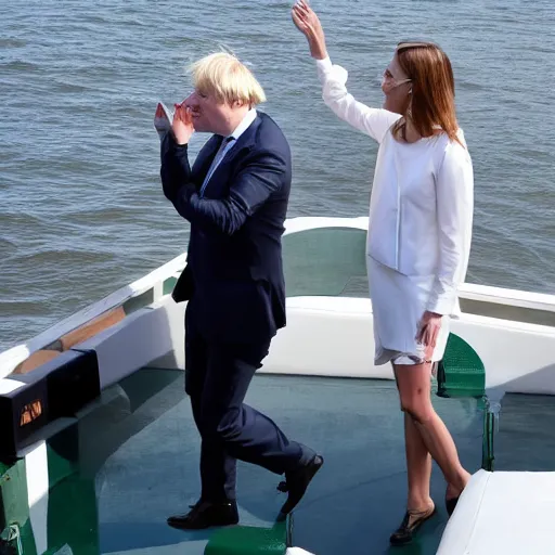 Prompt: Swedish primeminister going on a boat ride with Boris Johnson