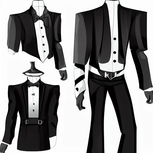 Prompt: a set of magician's men's clothing design, black and white tones, 2 d game art