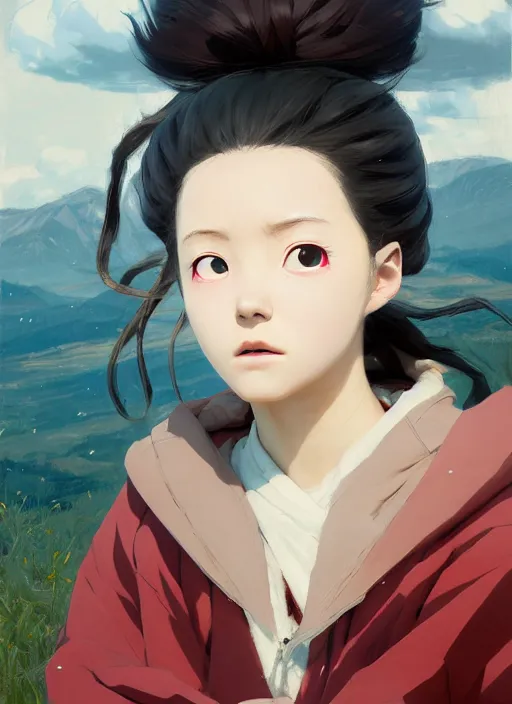 Image similar to portrait of Nezuko from Demon Slayer Anime, countryside, calm, fantasy character portrait, dynamic pose, above view, sunny day, thunder clouds in the sky, artwork by Jeremy Lipkin and Giuseppe Dangelico Pino and Michael Garmash and Rob Rey, very coherent asymmetrical artwork, sharp edges, perfect face, simple form, 100mm