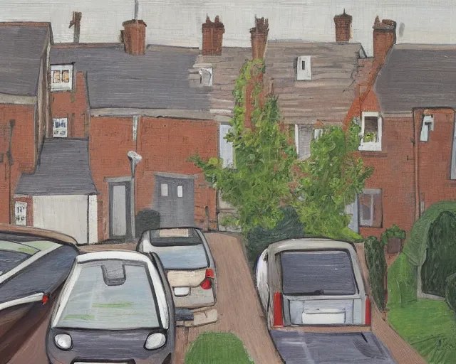 Prompt: view of a british street from an upstairs window, sunny day, cars parked, 2006