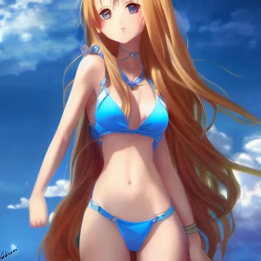 Image similar to a very beautiful young yuuki asuna, full body, long wavy blond hair, sky blue eyes, full round face,, bikini, miniskirt, front view, mid - shot, highly detailed, cinematic wallpaper by stanley artgerm lau