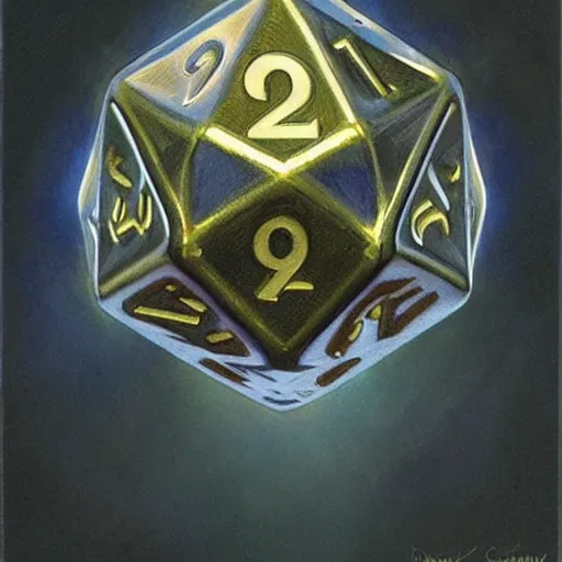 Prompt: Magical D20 dice, fantasy D&D magic item, display item, art by Donato Giancola and James Gurney, digital art, trending on artstation