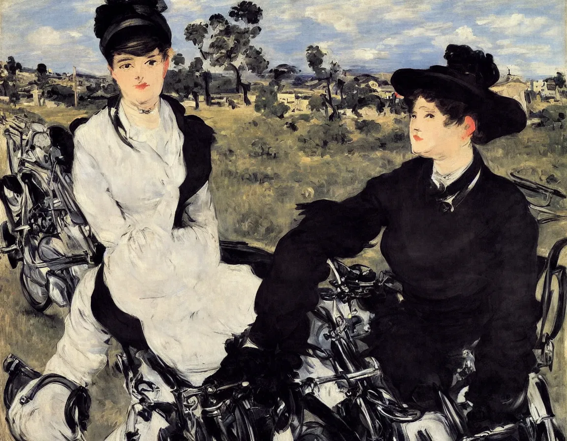 Image similar to edouard manet. a wide portrait of a marie from the side all dressed in black on a motorcycle on a highway looking over her shoulder towards us. blue sky. there is another motorcycle blurred in the background. precise thin brush strokes. expressive. emotional. modern.