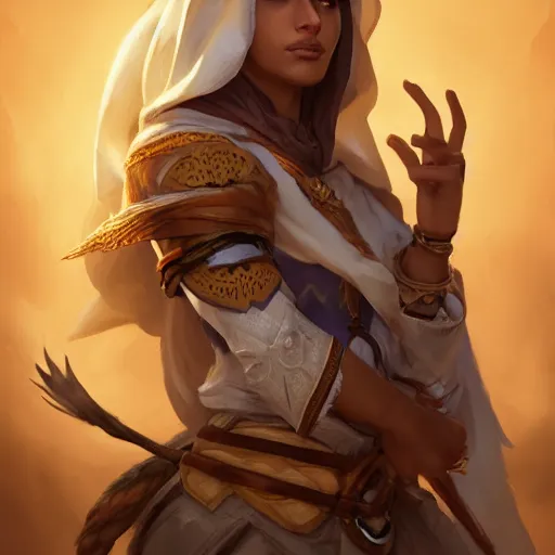 Image similar to portrait of young arabian nomad half wolf, with yellow cloths, league of legends splash art, hearthstone splash art, full body shot, rule of thirds, ultrafine hyperrealistic detailed face, artgerm, greg rutkowski, trending on artstation, 8 k, intricately detailed, highly detailed