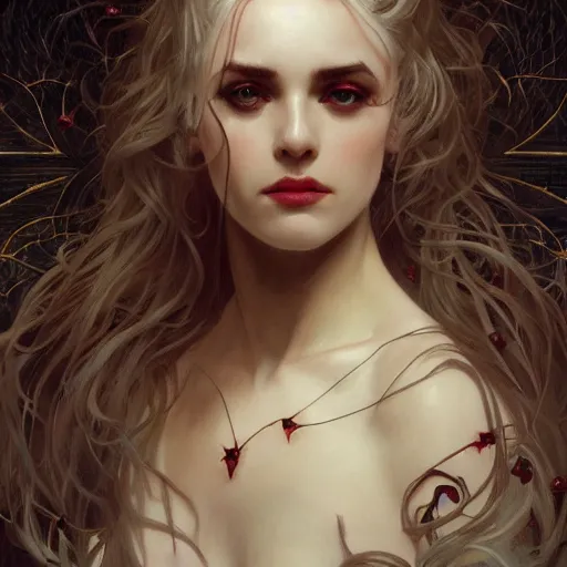 Prompt: portrait of very beautiful vampire, rose thorn crown, thorns everywhere, headshot, pale skin, 4k, rule of thirds, extreme detail, detailed drawing, trending artstation, hd, fantasy, D&D, realistic lighting, by Alphonse Mucha, Greg Rutkowski, sharp focus, backlit, bright white hair, elegant