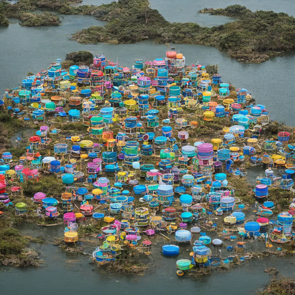 Image similar to a circular tower, made up of colourful makeshift squatter shacks suspended over water, dystopia, sony a 7 r 3, f 1 1, fully frontal view, ultra detailed, photographed by hiroshi sugimoto,