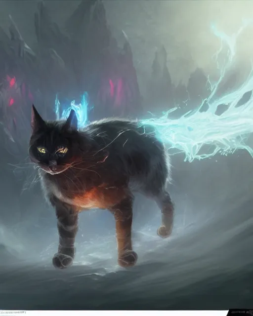 Image similar to Cat/Fog Elemental, glowing eyes, magic the gathering artwork, D&D, fantasy, cinematic lighting, centered, symmetrical, highly detailed, digital painting, artstation, concept art, smooth, sharp focus, illustration, volumetric lighting, epic Composition, 8k, art by Akihiko Yoshida and Greg Rutkowski and Craig Mullins, oil painting, cgsociety