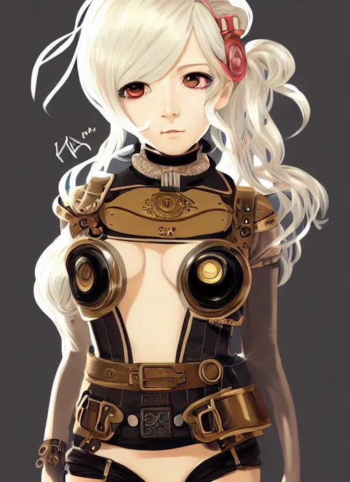 Image similar to portrait Anime girl in steampunk bikini armor, cute-fine-face, white-hair pretty face, realistic shaded Perfect face, fine details. Anime, steampunk, bioshock. realistic shaded lighting by Ilya Kuvshinov and Gustav Klimt